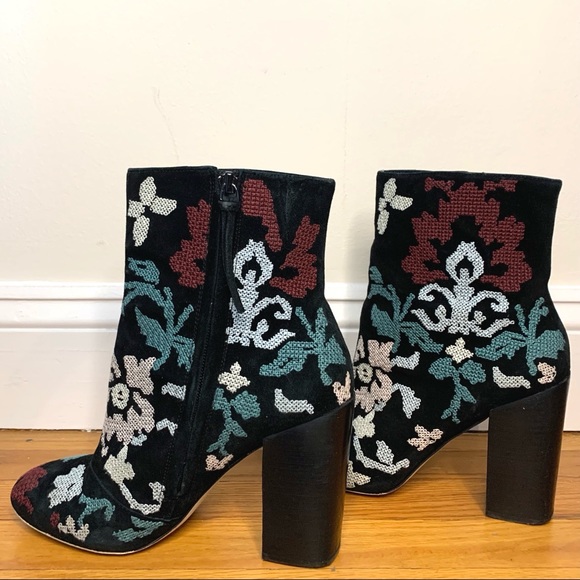 Vintage Rebecca Minkoff Floral Embroidered Suede Chunky Heel Ankle Boot - Picture 5 of 6